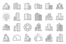 Buildings Line Icons. Bank, Hotel, Courthouse. City, Real Estate, Architecture Buildings Icons. Hospital, Town House, Museum. Urban Architecture, City Skyscraper, Downtown. Line Signs Set. Vector