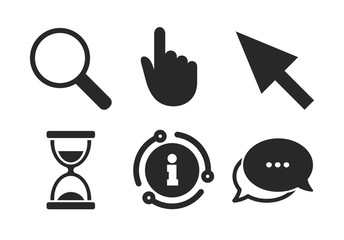 Poster - hourglass and magnifier glass navigation sign symbols. chat, info sign. mouse cursor and hand pointe