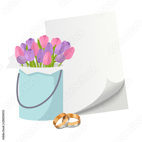 Wedding invitation elements with gold rings, tulips flower bouquet and blank ...