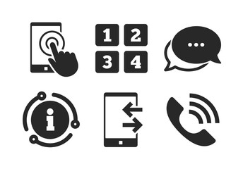 Poster - Touch screen smartphone sign. Chat, info sign. Phone icons. Call center support symbol. Cellphone keyboard symbol. Incoming and outcoming calls. Classic style speech bubble icon. Vector