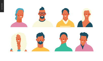 Bright people portraits set - hand drawn flat style vector design concept illustration of young men and women, male and female faces and shoulders avatars. Flat style vector icons set