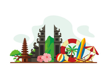 Bali Tropical Island Landmarks Travel Flat Concept Vector Illustration