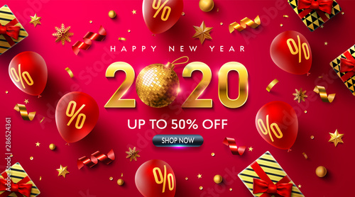 Happy New Year 2020 Promotion Poster Or Banner With Red Balloons