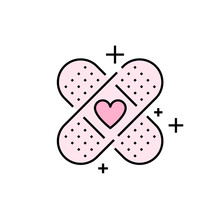 Band Aid Icon. Pink Plaster Symbol. Love Bandage Heart Sign. Vector Illustration Line Icon.