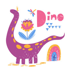 Wall Mural - Kids style poster with cute Dinosaur brontosaurus and lettering.