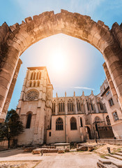 Wall Mural - Cityscape view of Lyon Jean Baptist Cathedral at hot summer day. Main travel and tourist destination in the city.