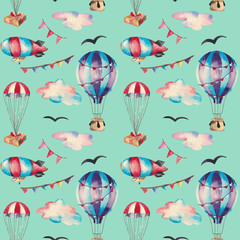  Hand-drawn watercolor seamless pattern. Retro aeronautic elemets for cards, invitations, fabric, wrapping