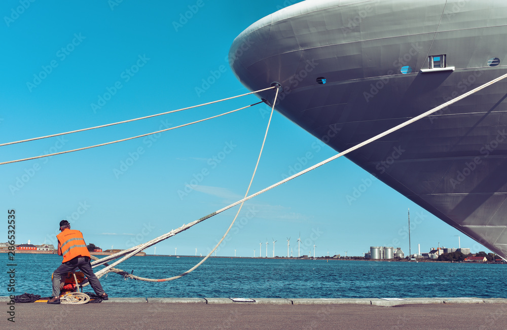 mooring of a large ship to the pier - obrazy, fototapety, plakaty 