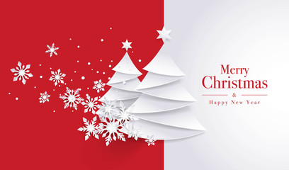 merry christmas greeting card, christmas tree and snowflake on red background.