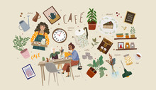 Cafe. Vector Illustrations And Objects On The Theme Of The Restaurant: People Eat Breakfast At The Table, The Waiter With A Tray, Coffee, Kettle, Home Decoration, Dishes, Menus. 