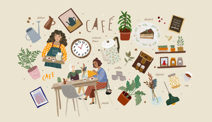 Cafe. Vector illustrations and objects on the theme of the restaurant: people eat breakfast at the table, the waiter with a tray, coffee, kettle, home decoration, dishes, menus. 