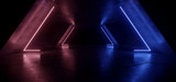 Fototapeta Do przedpokoju - Neon Glowing Futuristic Sci Fi Dark Lights Purple Blue Futuristic Triangle Columns Concrete Grunge Empty Spaceship Tunnel Room Virtual Cyber Laser Beam 3D Rendering