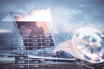 Aufkleber - Double exposure of man's hands writing notes of stock market with forex graph background. Concept of research and trading.
