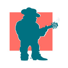 Silhouette Of A Musician Cowboy With A Guitar On A Red Square Background. Vector Illustration.