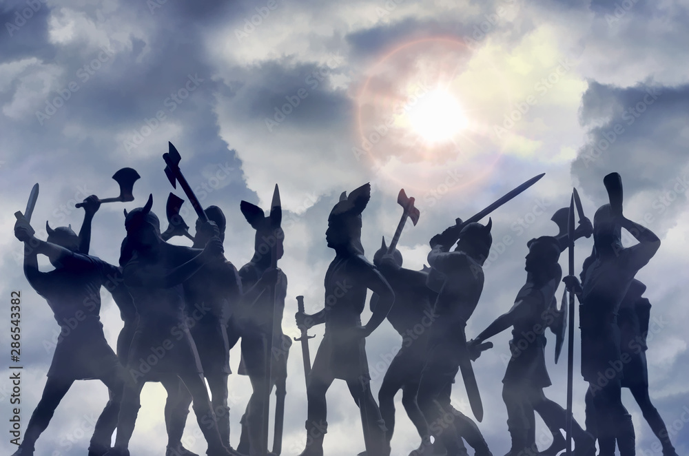 Two ghostly groups of Viking Gods in the morning haze, ready for battle, sky with storm clouds and bright sun, Old Norse myths about Odin, Asgard, Ragnarok and Valhalla, painting style image - obrazy, fototapety, plakaty 