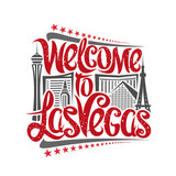 Fototapeta Las - Vector poster for Las Vegas, decorative outline illustration with abstract architecture, elegant lettering - welcome to las vegas and red stars in a row, gray contour urban scene on white background.