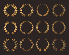 A Large Set Of Various Laurel Golden Wreaths. Symbol Of Winner And Champion.