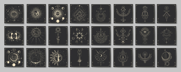 vector illustration set of moon phases. different stages of moonlight activity in vintage engraving 