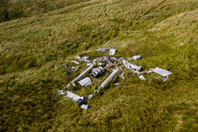 Aerial Drone View Of An Old Aircraft (Vampire) Wreck On The Slopes Of Fan Hir In The Brecon Beacons, Wales