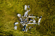 Top-down Aerial View Of An Old Aircraft Crash Site (Vampire Jet) In The Brecon Beacons