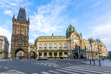 Powder tower (Prasna Brana) and Municipal House (Obecni Dum) on Republic square, Prague, Czech Republic