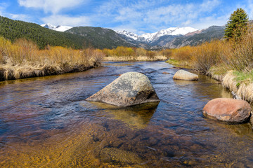 Wall Mural - Big Thompson River - A wide-angle Spring view of Big Thompson River at Moraine Park in Rocky Mountain National Park, Colorado, USA.