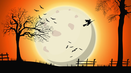 Halloween background, night landscape with big yellow full moon, old trees and witches in the sky