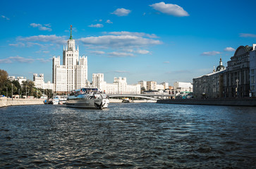 Pleasure boat on the Moscow river in city center