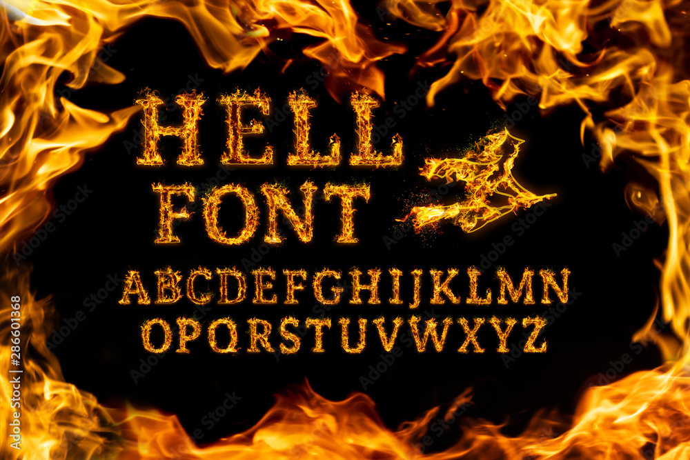 Hell Font set. Fire flames on black isolated background, realistick ...