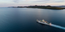 Aerial View Of Car Ferry With Ugljan Island In Background At Dusk, Croatia