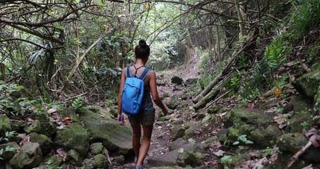 Wall Mural - Hawaii travel tourist hiking in rainforest in the rain on Pololu Valley hike, Big Island, Hawaii. Girl hiking with backpack in summer vacation.