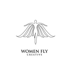 Wall Mural - women fly angel line logo, award, and wings with silhouette style