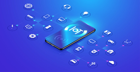 Poster - internet of things on isometric design. smartphone network communications with things and objects, m
