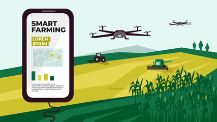 Wall Mural - Illustration of  smart farm with drone control. Innovation technology for agricultural company. Automation farming with remote controllable tractor, combine harvester. Template for web, print, report.