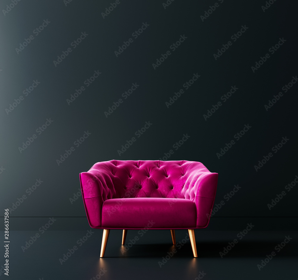 Cyclamen pink armchair in black interior room 3D Rendering - obrazy, fototapety, plakaty 
