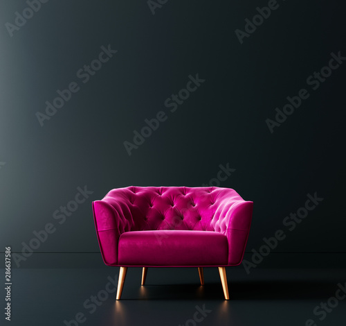 Cuadros en Lienzo Cyclamen pink armchair in black interior room 3D Rendering