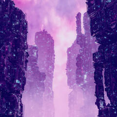 Wall Mural - cyberpunk metropolis dawn / 3d illustration of dark futuristic science fiction city at sunrise