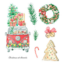 Watercolor Chrisеmas Element Set. Hand Draw Buss, Tree, Toys, Christmas Decorations, Gift Boxes.