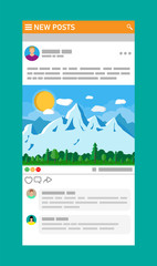 Poster - Social network interface template. News post frames pages on mobile device. Users comment on photo. Social resources application mock up. Vector illustration in flat style