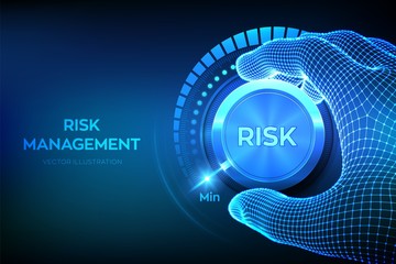 risk levels knob button. wireframe hand turning a risk level knob to the minimum position. risk mana