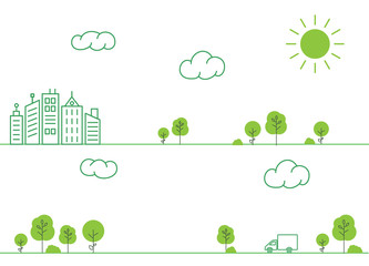 Truck rides on the road among the trees in the city. On the sky clouds and the sun. Eco-friendly green city. Vector Style leinart.