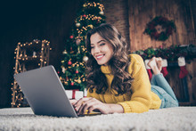 Photo Of Cute Nice Charming Attractive Girl Woring In Eve Of New Year With Her Laptop Wearing Jeans Denim Yellow Sweater
