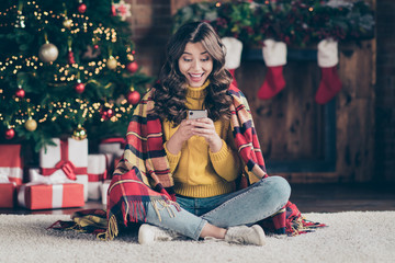 Sticker - Full length body size photo of enjoying rejoicing cute nice charming excited ecstatic girlfriend wearing jeans yellow jumper chatting with friends via phone