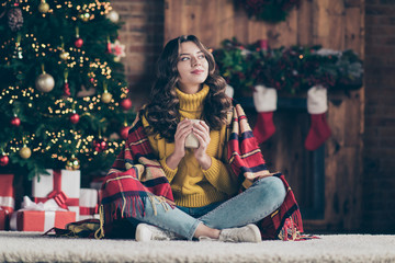 Poster - Full length body size photo of charming cute pretty girl wearing jeans denim yellow pullover with brunette hair sitting on floor staring away holding mug