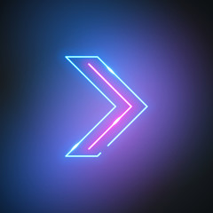 Poster - Neon arrow. Glowing pointer sign on black background. Colorful and bright retro light symbol. Vector design element.