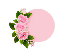 Rose Flowers With Green Leaves In A Floral Arrangement On Pink Round Card