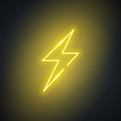 Poster - Neon lightning. Glowing flash sign on black background. Colorful and bright retro lightning bolt symbol. Vector design element.