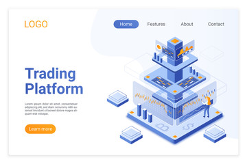 Aufkleber - Trading platform isometric landing page template. Online financial market analytics. Digital stock exchange software. Cryptocurrency analyst cartoon character. Broker services webpage design layout