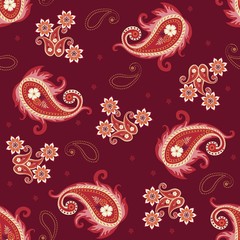 Wall Mural - Ethnic seamless pattern with red paisley and abstract flowers on purple background. Print for fabric.