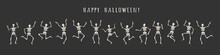 Banner Of 13 Dancing And Jumping Skeletons Isolated On A Black Background. Happy Halloween. Vector Illustration